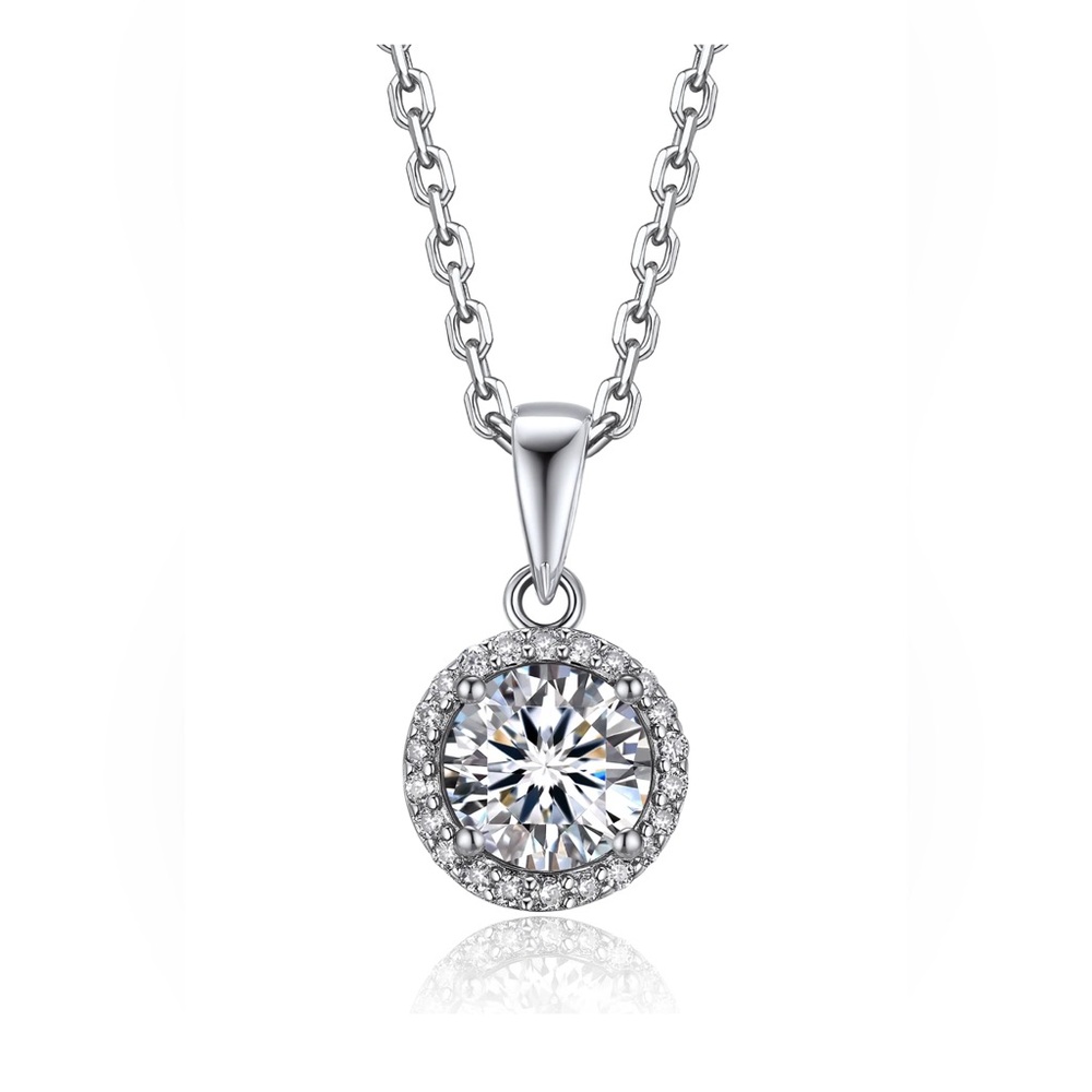 1.8 CT tw Round Halo Moissanite Pendant with solid sterling silver box chain